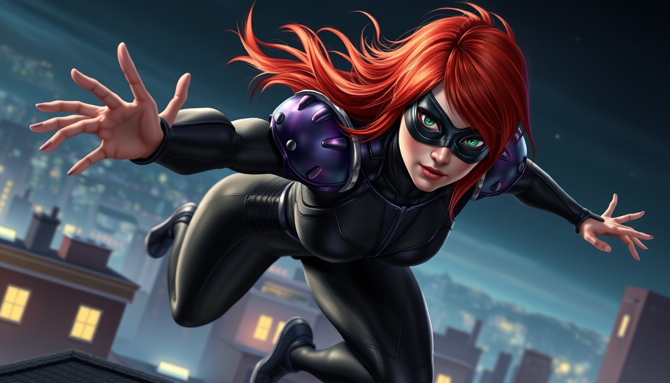 Red head with dark green eyes, metallic eye mask, a black spandex outfit with dark purple armor on her shoulders, jumping rooftops in the night sky, realistic and dynamic appearance.