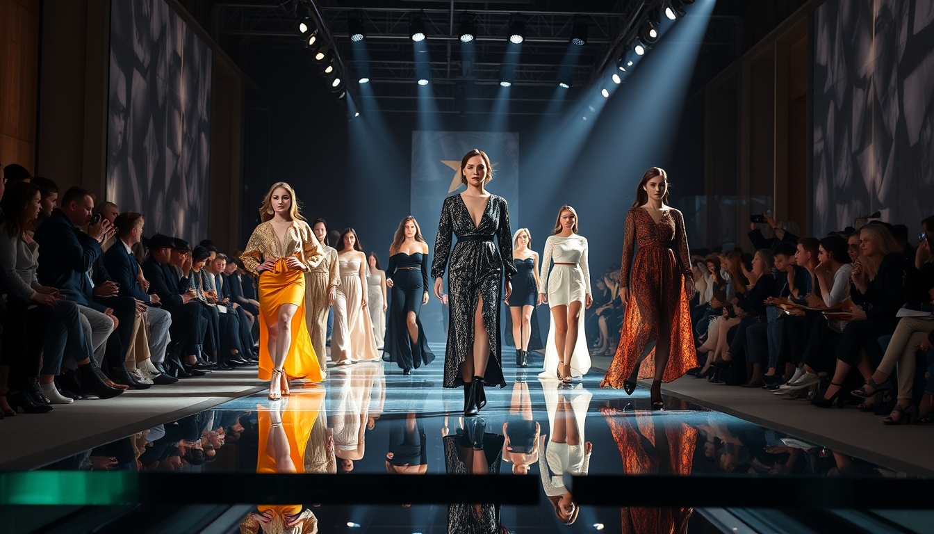 A high-end fashion show with models walking down a glass runway. - Image