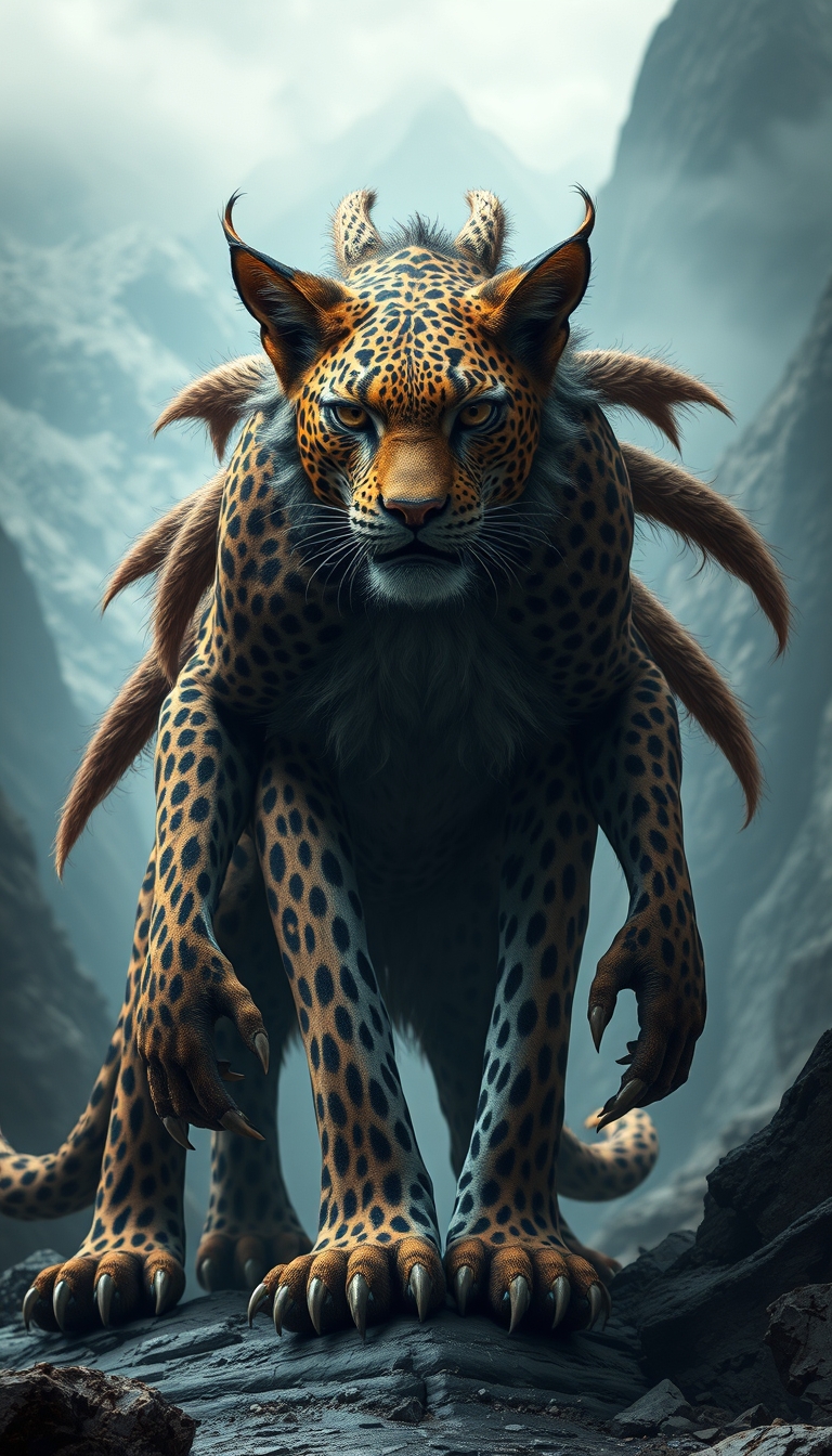 (Ultra realistic) a monster that has a wildcat's head, leopard body pattern, 5 lion's tails, China mountain background.