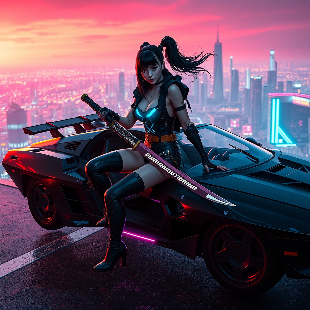 Photo of a cyberpunk girl holding a katana and posing on her flying car. City in the distance, neon lights, and holograms everywhere. Photorealistic, CD Projekt Red, 200mm photography, ultra-detailed, 8k, trending on ArtStation. - Image