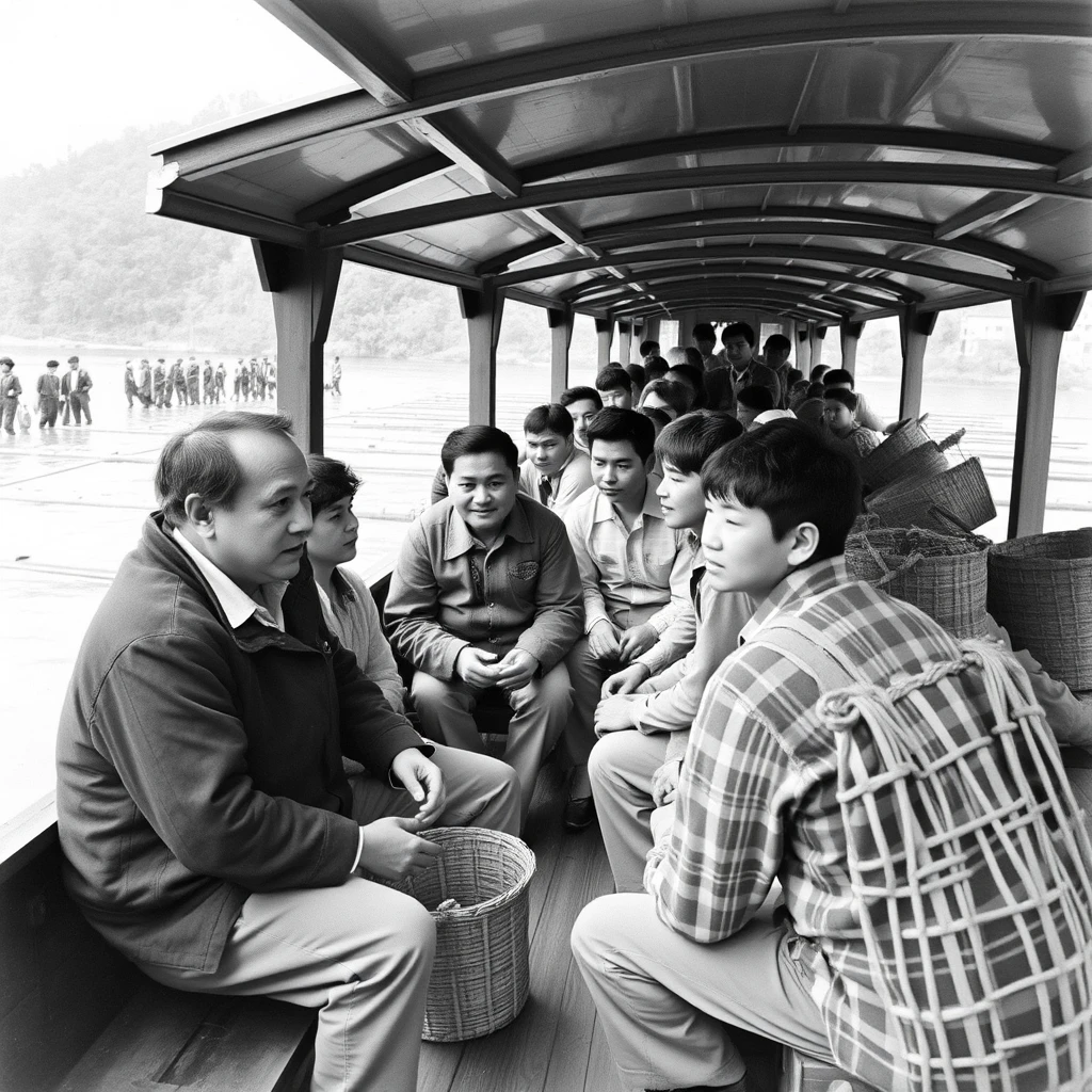 A black and white photo from the 1960s shows people chatting on a riverboat in Sichuan Province, China, including a middle-aged male teacher and some high school boys. There are also many farmers carrying bamboo baskets on their backs.