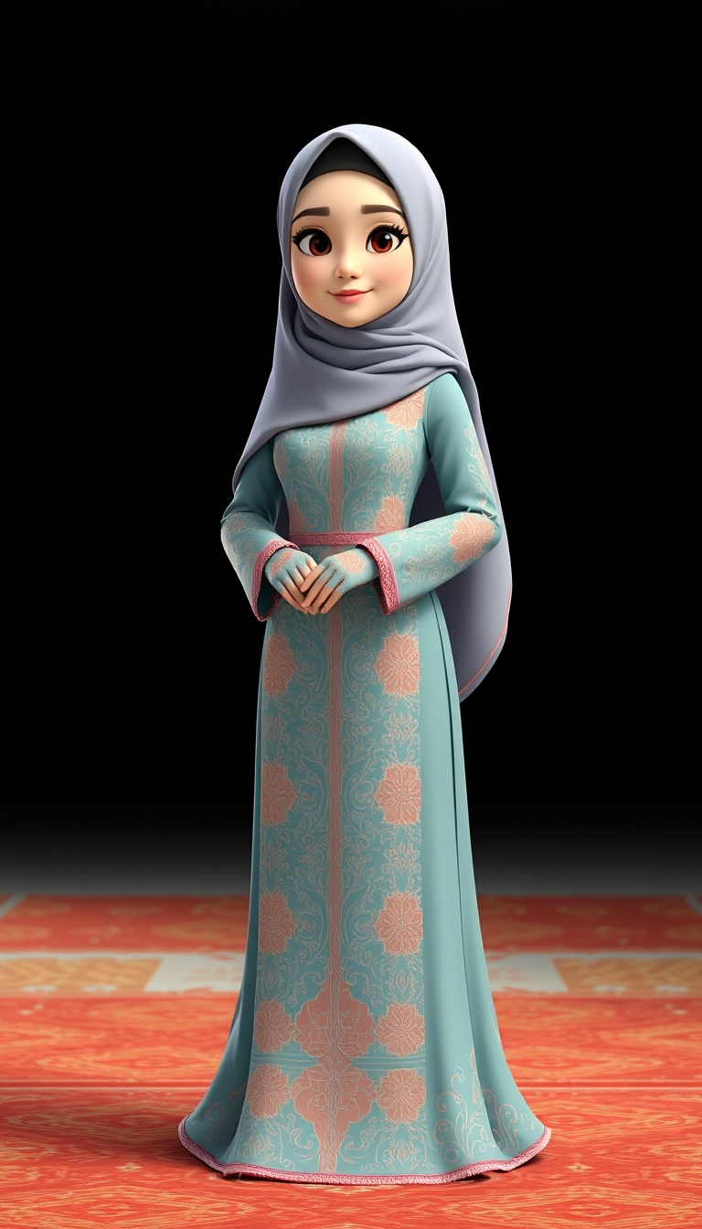 Create a 3D, 8K animated cartoon of a Muslim woman from Palembang wearing a long traditional songket dress. She should have her hands covered with batik gloves. The image should capture the elegance and cultural richness of the attire. - Image