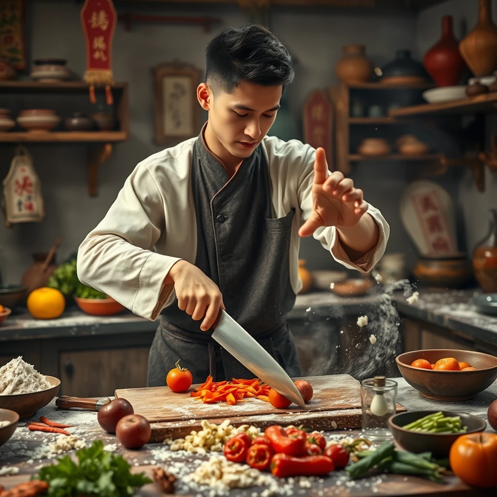 Photo of a college male chopping vegetables with a Chinese chef's knife on a cutting board, in an ancient mystical Chinese kitchen. The scene is full of various ingredients, with flour scattered everywhere and a messy kitchen atmosphere. There's a magical theme with some ingredients floating in the air. The male is performing taichi movements while chopping. - Image