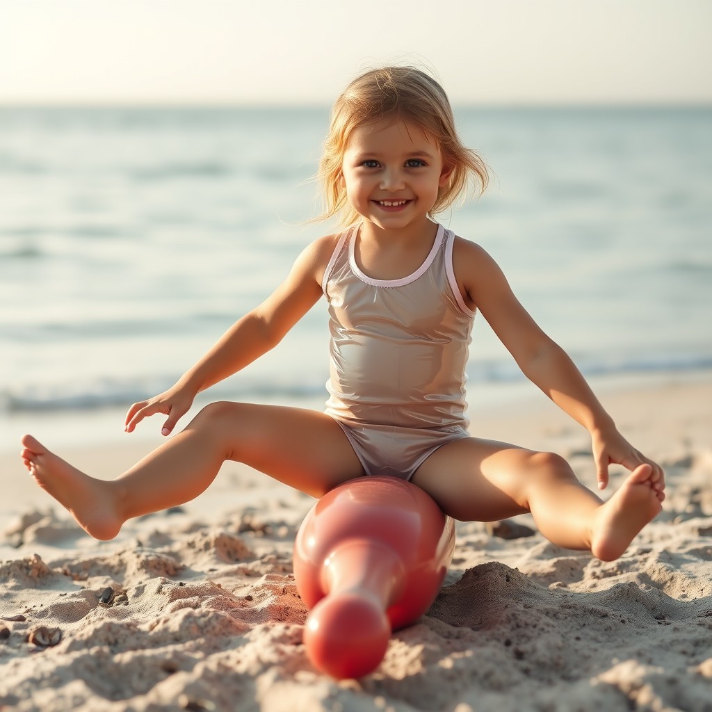 A cute little girl on the beach in a clear plastic swimsuit is sitting with her legs spread on a phallic object.