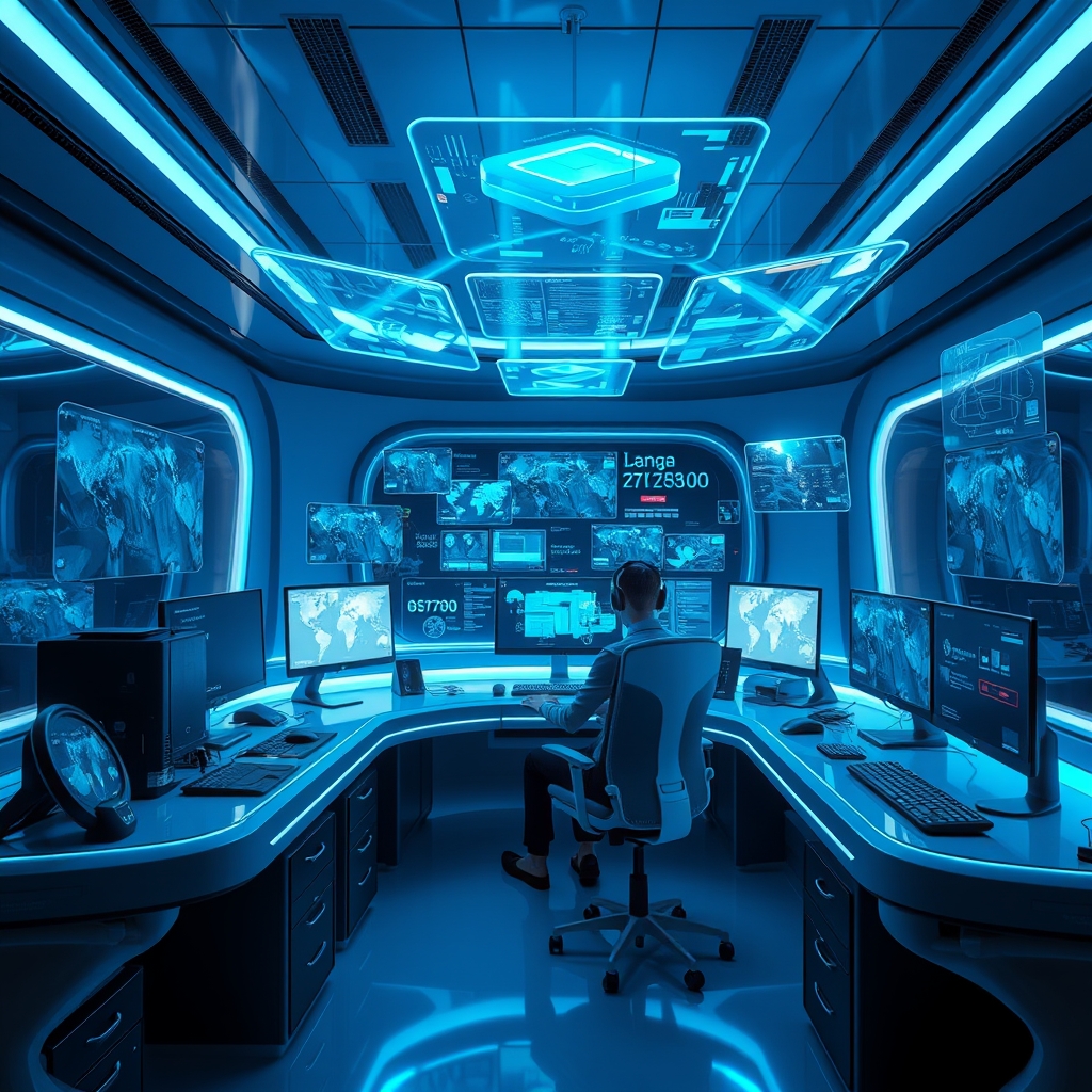 Futuristic designer workstation, single person working, multiple holographic screens floating around, sleek design, cool blue lighting, high-tech atmosphere, detailed 3D rendering --ar 16:9.