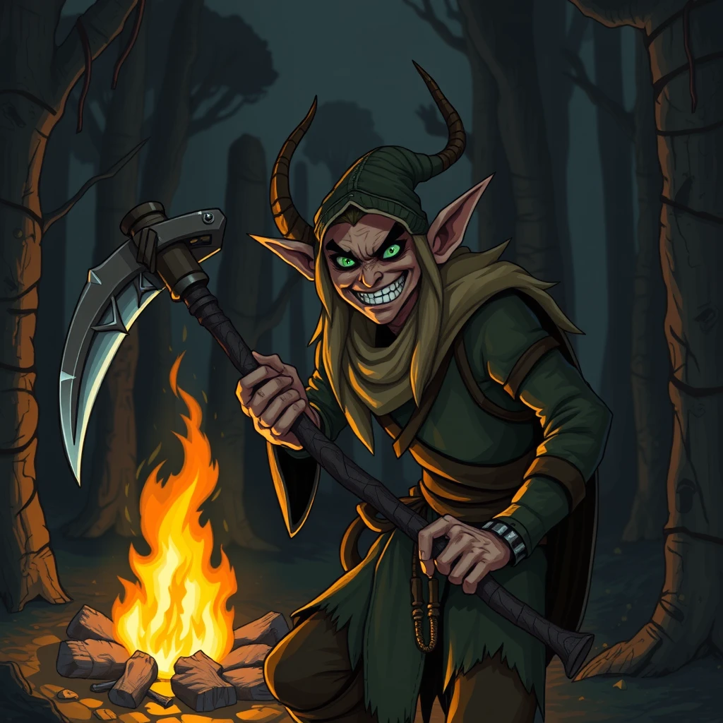 an elf wielding a scythe smiling menacingly in a dark forest lit by campfire.