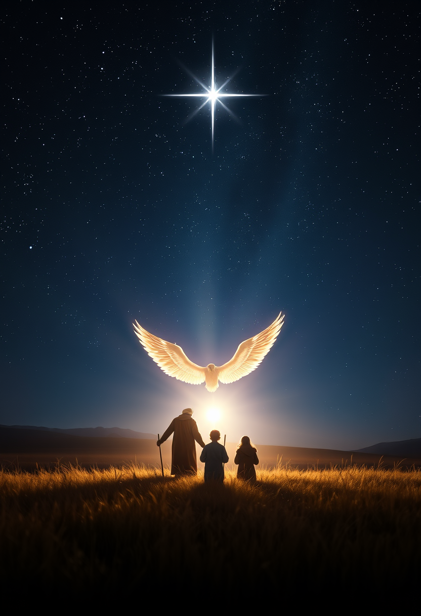 Create a scene of angels appearing to shepherds in the fields, with bright light and a starry night sky.