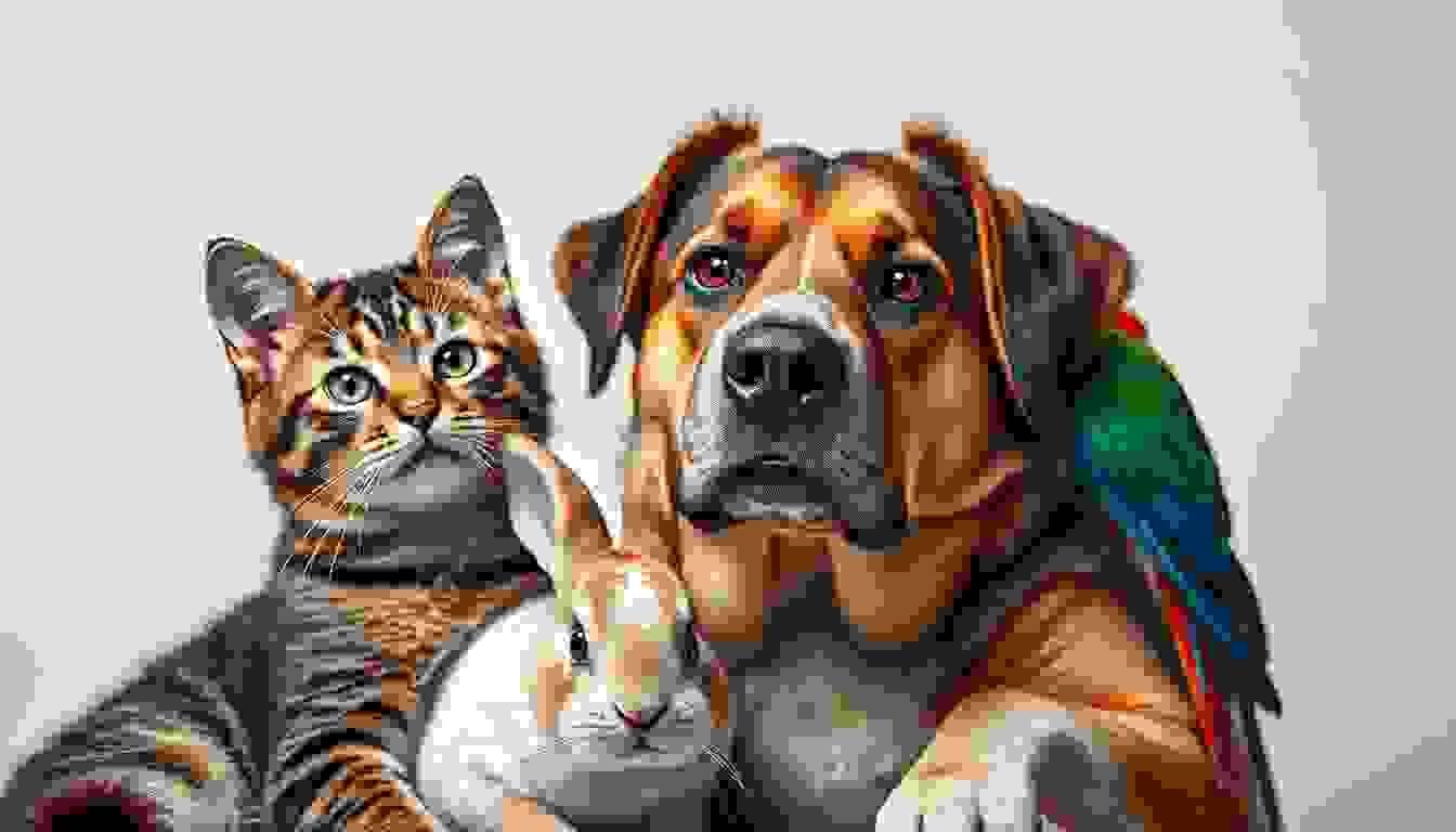 Cat with rabbit with dog with parrot Dramatic lighting against white background. Hyper-realistic, high-resolution image, expressive features and coloration.