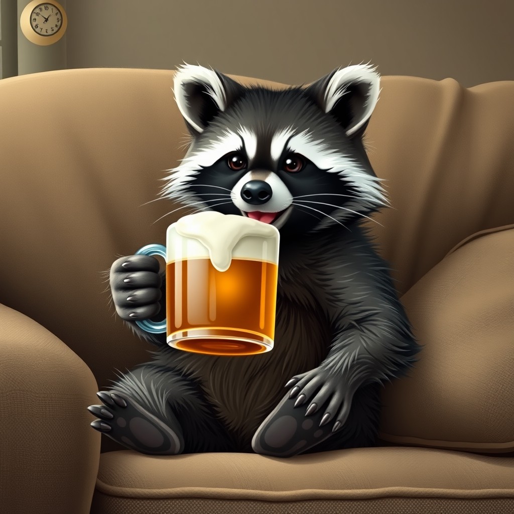 Cute raccoon sits on the couch and holds a mug of beer in his hand, raccoon drunk, smiling, realistic style, realistic photo. - Image