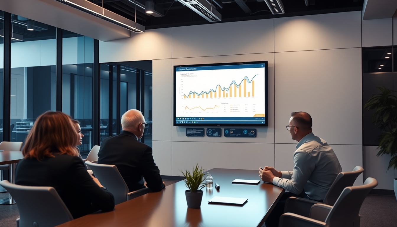 A sleek, modern office with a large digital screen displaying data analytics, surrounded by professionals engaged in discussion.