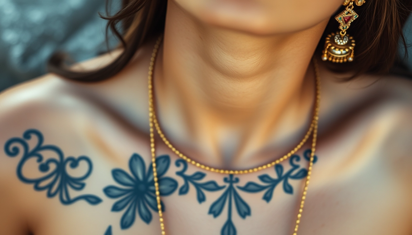 Close-up view of the tattooed chest of a fair-skinned Korean Indian woman with beautiful facial features and blue eyes, wearing gold ornaments, looking upward. - Image