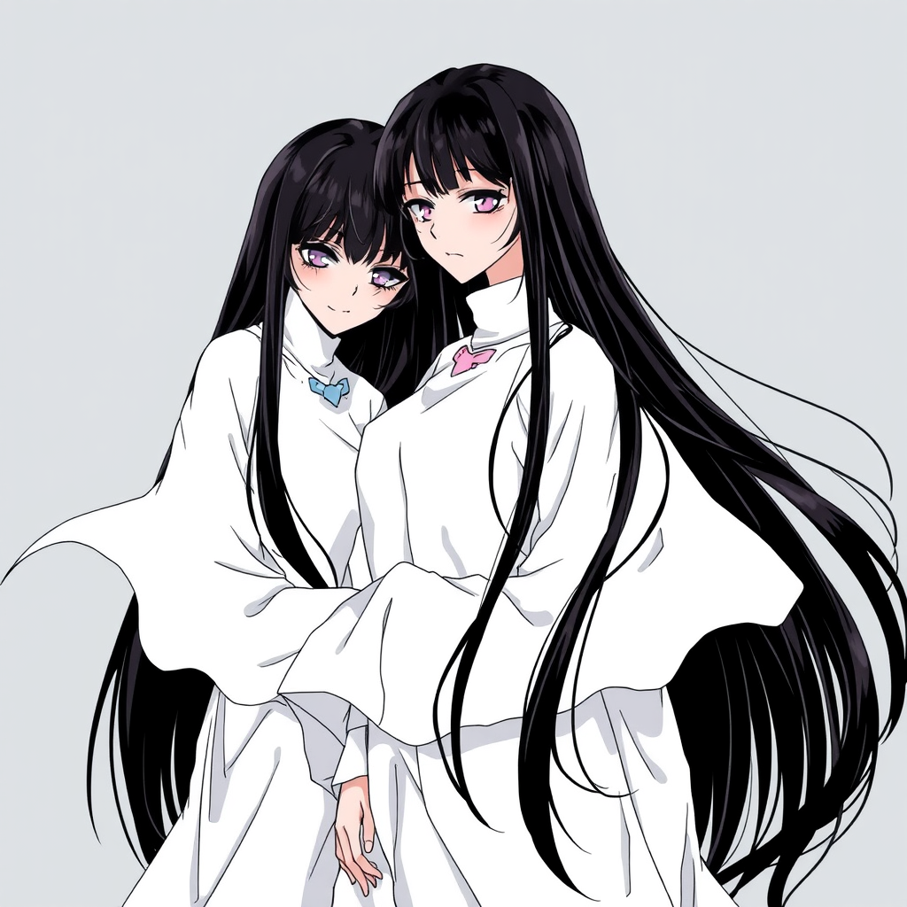 Ghost women, wearing white clothes and having long black hair, in manga anime style.