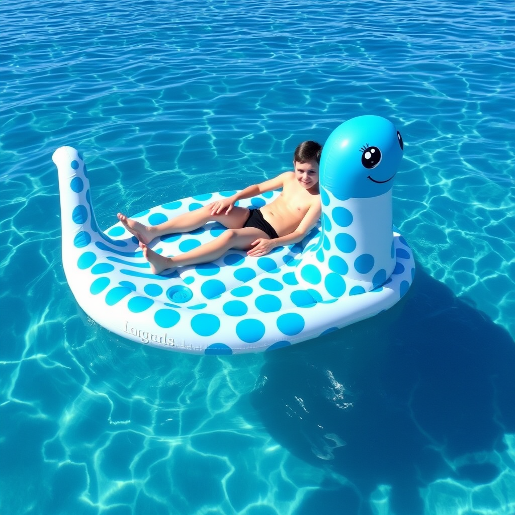 Lapras inflatable float for swimming, a teenager floats on it, the sea is clear and blue, with a beautiful reflection.