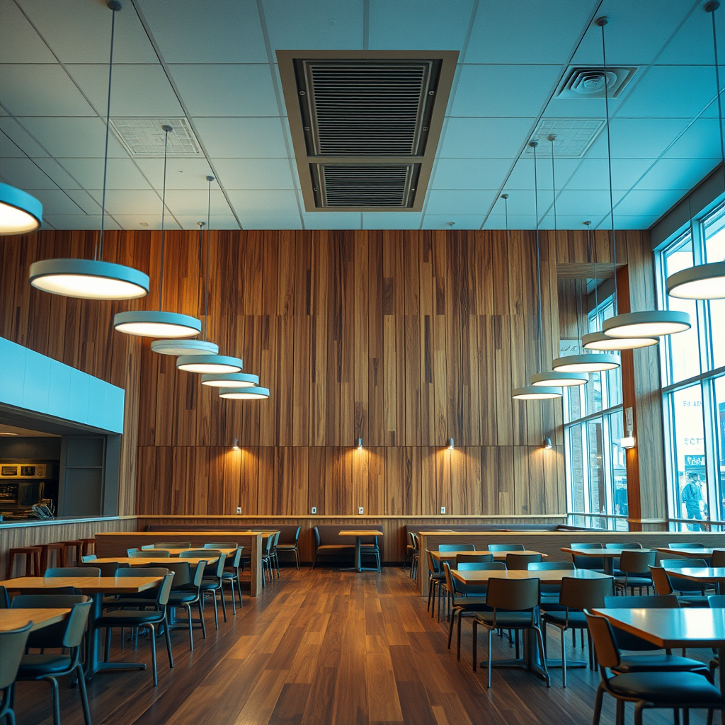 interior, company cafeteria, modern, wood panel, movie scene