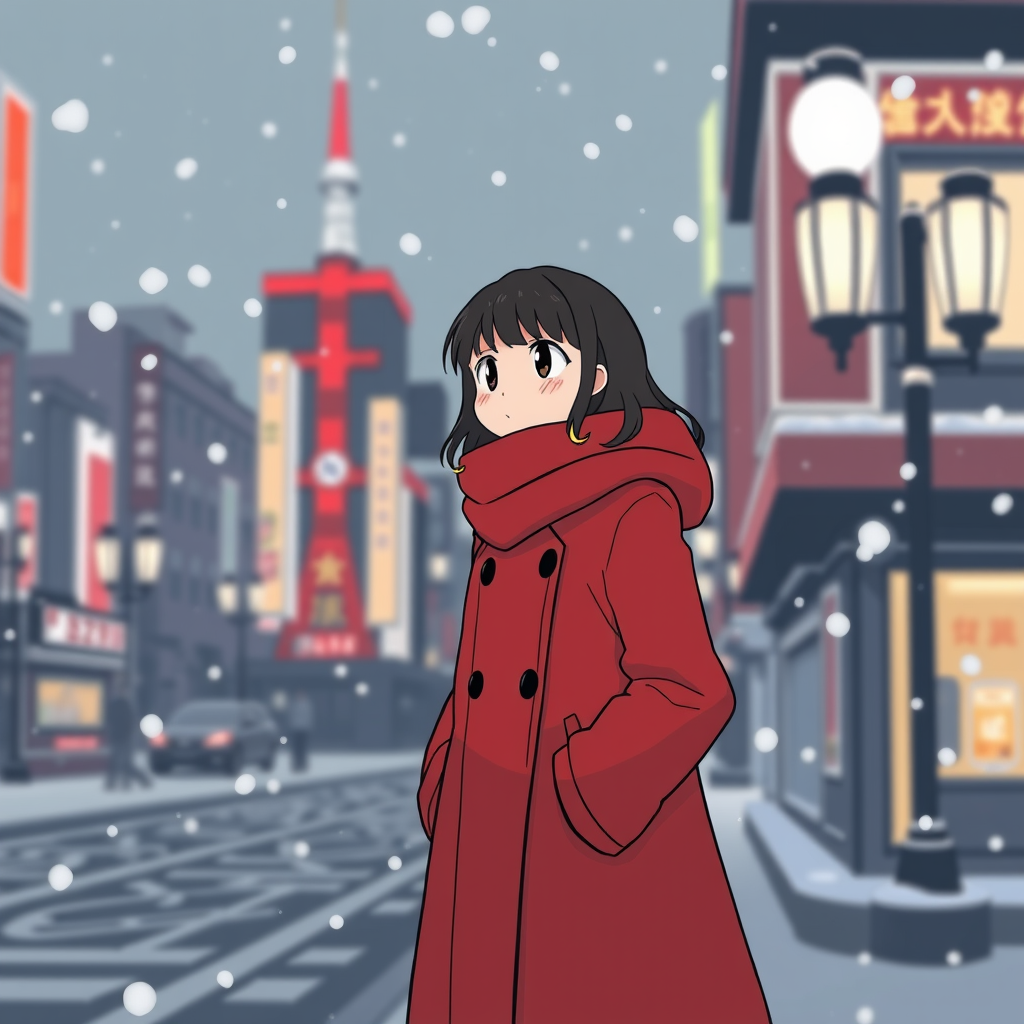 Ghibli, simple illustration of a cute woman in a cozy red coat in Tokyo during the snow, sci-fi, anime style.