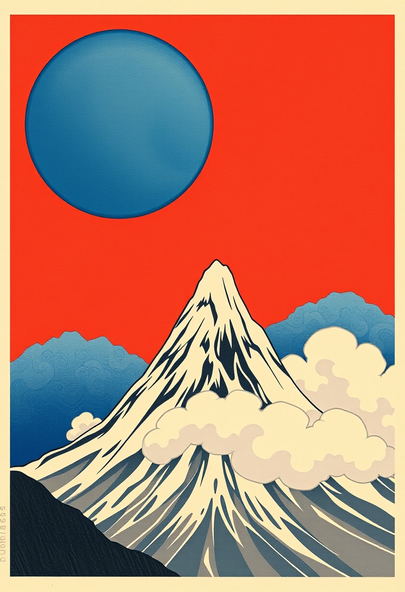 Japanese style painting, red sky, blue sun, tall mountain, beautiful cloud, detailed. - Image