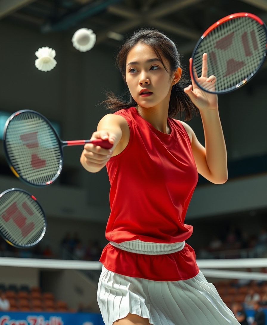 A detailed, realistic portrait of a young woman playing badminton in an indoor sports arena. The woman is wearing a bright red jersey and is mid-swing, her body in a dynamic, athletic pose as she focuses intently on the shuttlecock. The background is blurred, with glimpses of the court, net, and spectator stands visible. The lighting is natural and directional, creating shadows and highlights that accentuate the woman's features and muscular definition. The overall composition conveys a sense of energy, movement, and the intensity of the game. The image is highly detailed, with a photorealistic quality that captures the textures of the woman's clothing, skin, and the badminton equipment. A woman with a beautiful face like a Japanese idol, she is wearing a white pleated skirt. Badminton rackets and shuttlecocks with dynamic swings and motion blur. Depiction of the human body with a flawless personality. - Image