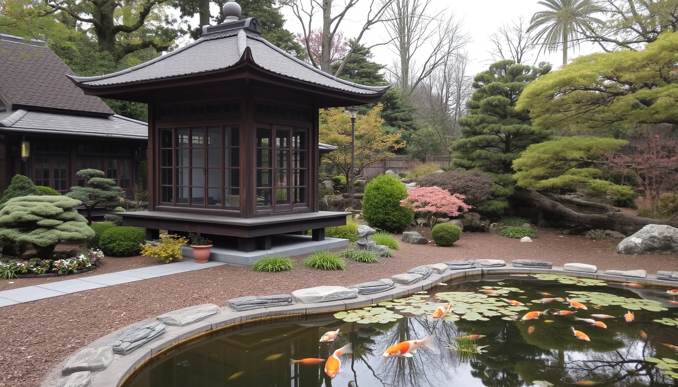 A serene Japanese garden with a glass teahouse overlooking a koi pond.