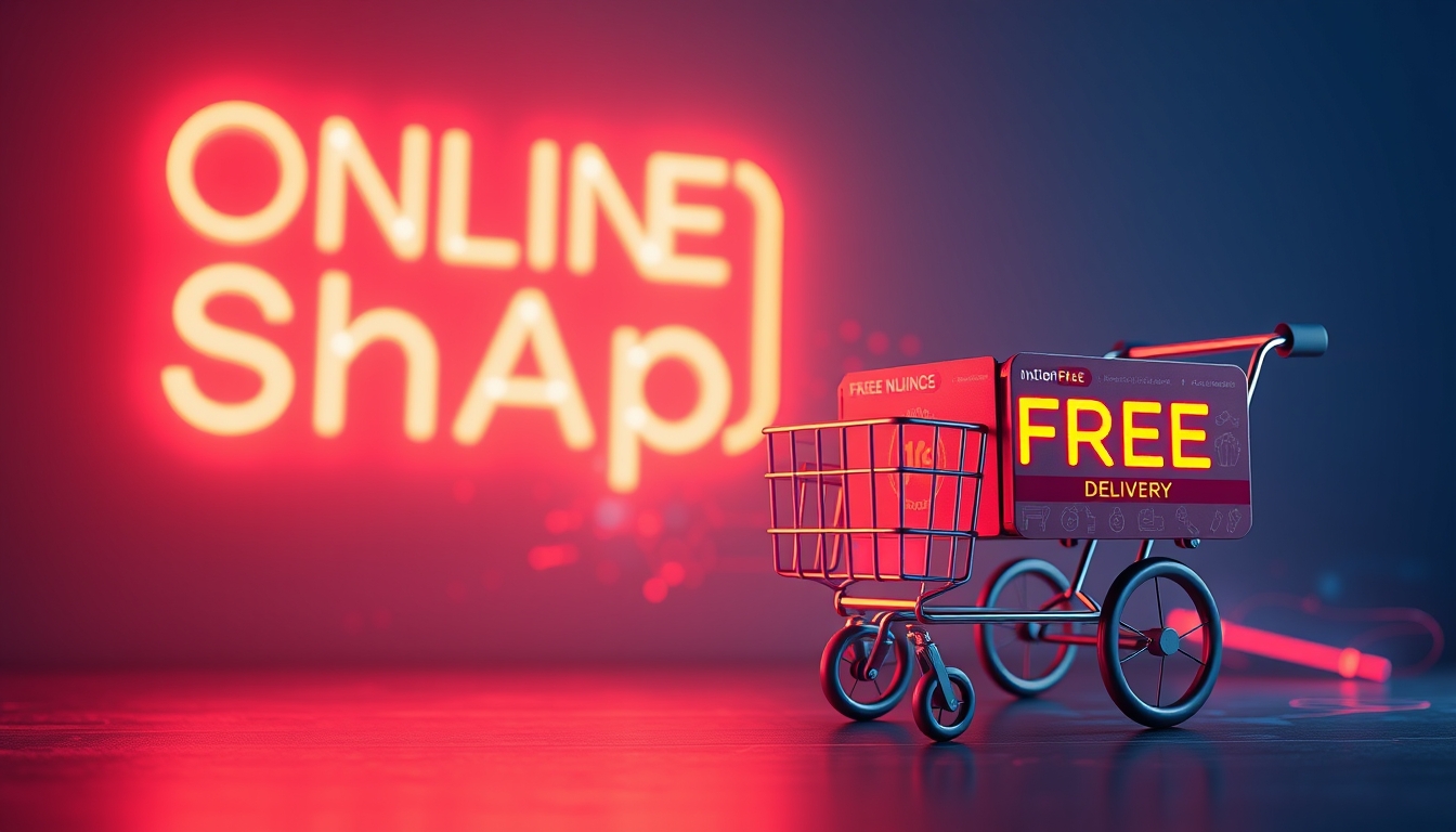 sharp 3D render of a neon online shopping and free delivery concept against a dynamic neon light