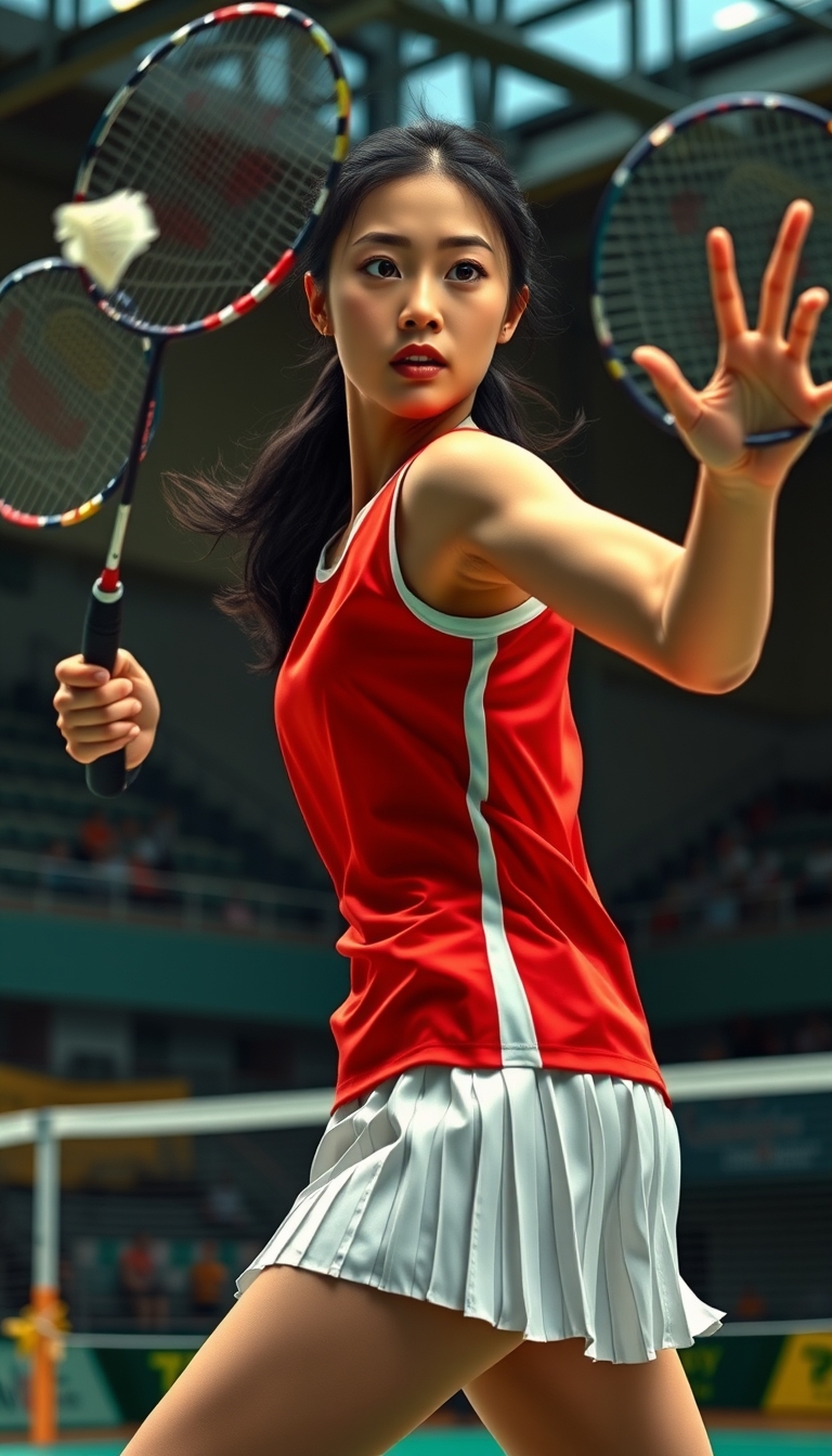 A detailed, realistic portrait of a young woman playing badminton in an indoor sports arena. The woman is wearing a bright red jersey and is mid-swing, her body in a dynamic, athletic pose as she focuses intently on the shuttlecock. The background is blurred, with glimpses of the court, net, and spectator stands visible. The lighting is natural and directional, creating shadows and highlights that accentuate the woman's features and muscular definition. The overall composition conveys a sense of energy, movement, and the intensity of the game. The image is highly detailed, with a photorealistic quality that captures the textures of the woman's clothing, skin, and the badminton equipment. 
A woman with a beautiful face like a Japanese idol, she is wearing a white pleated skirt. 

Badminton rackets and shuttlecocks with dynamic swings and motion blur. 
Depiction of the human body with a flawless personality. - Image