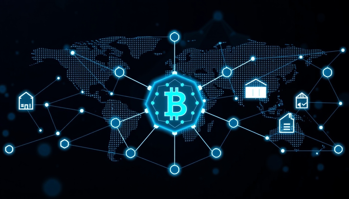 Blockchain network connecting global businesses, symbolizing decentralized economy. - Image