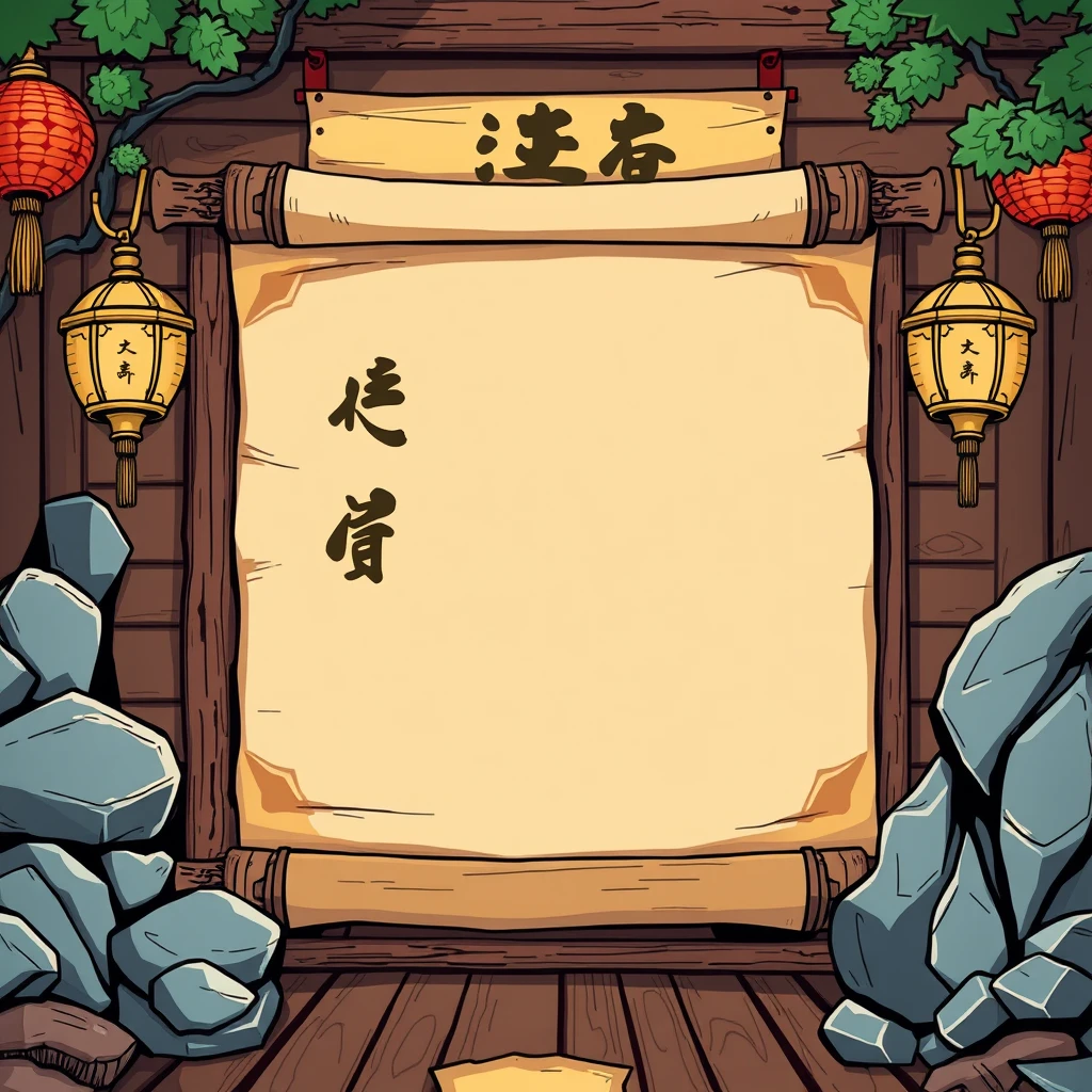 A Chinese style game cartoon frame with an ancient painting scroll and wooden signboard, creating a strong contrast between warm and cool tones. The image is in high definition, flat comic book style, and features Chinese punk elements. - Image