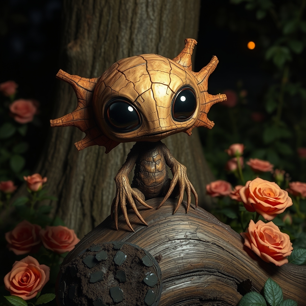 Little cute cracked wood alien void creature, charred, long wooden petals and mud, sitting on top of a log, lush garden, roses, lurking behind tree, ultra large black dot eyes, night scene, backlit, by [Alexander Archipienko, Wendell Castle, Picasso], fantasy art, abstract, surreal.