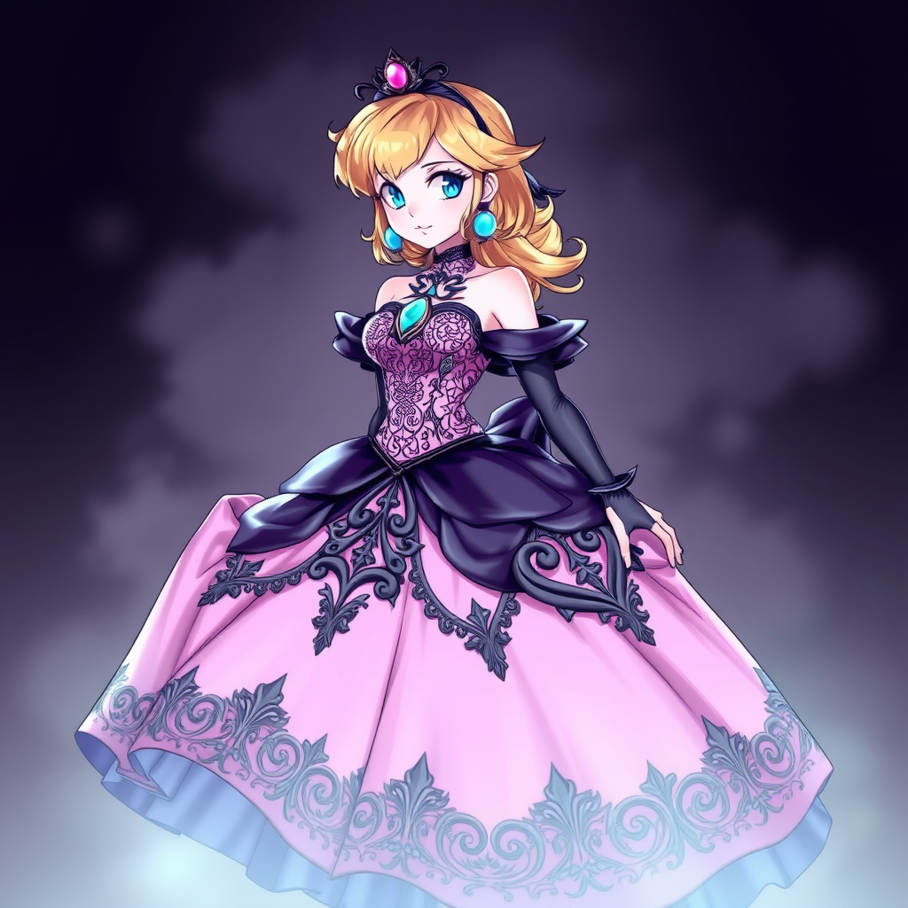 Anime artwork of Princess Peach in a detailed intricate pink and black dress, by wlop. - Image