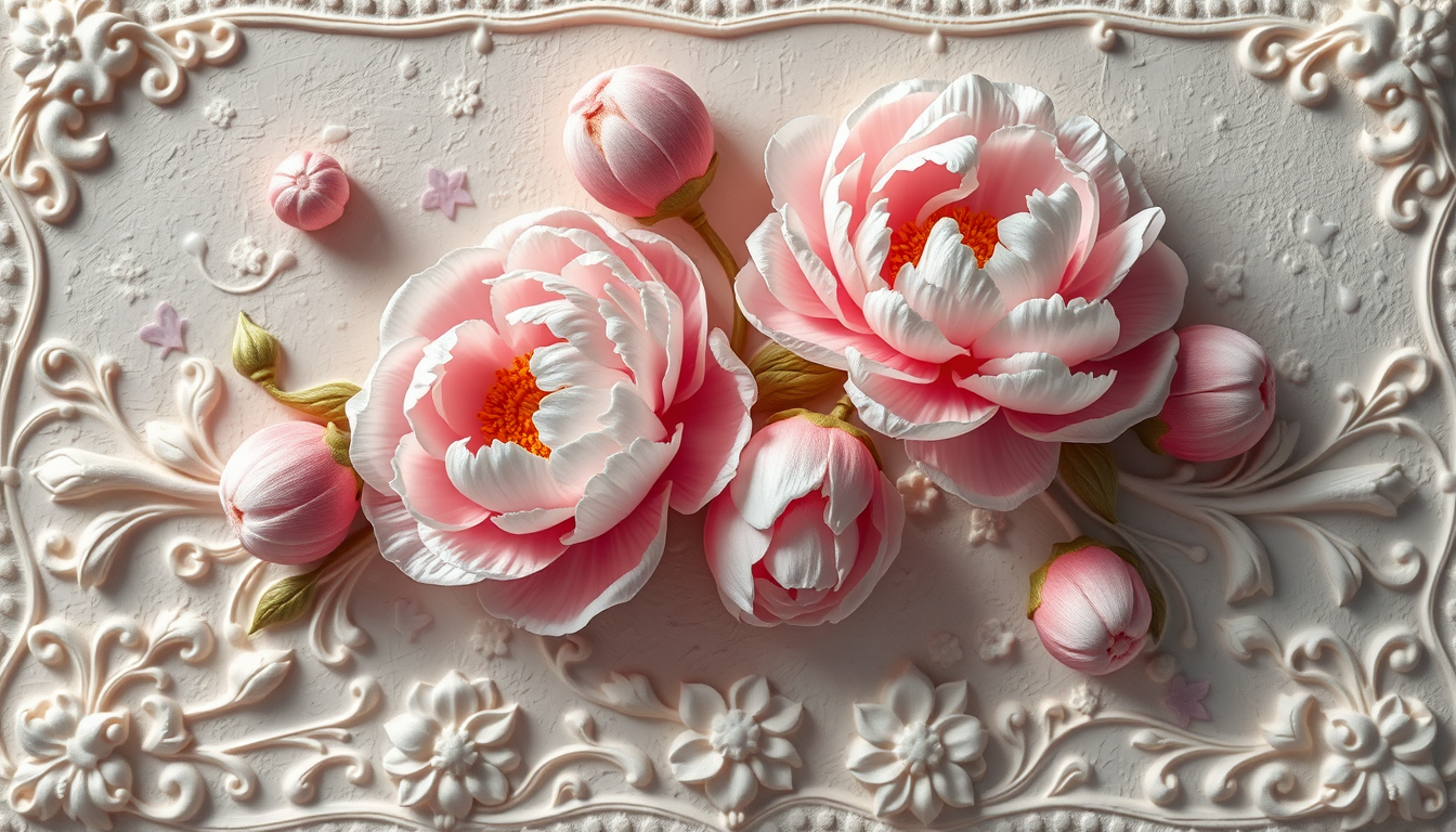 Stunning 3D bas-relief with realistic blooming peonies protruding above an exquisitely textured surface with delicate ornaments, pastel colors, romantic atmosphere. - Image