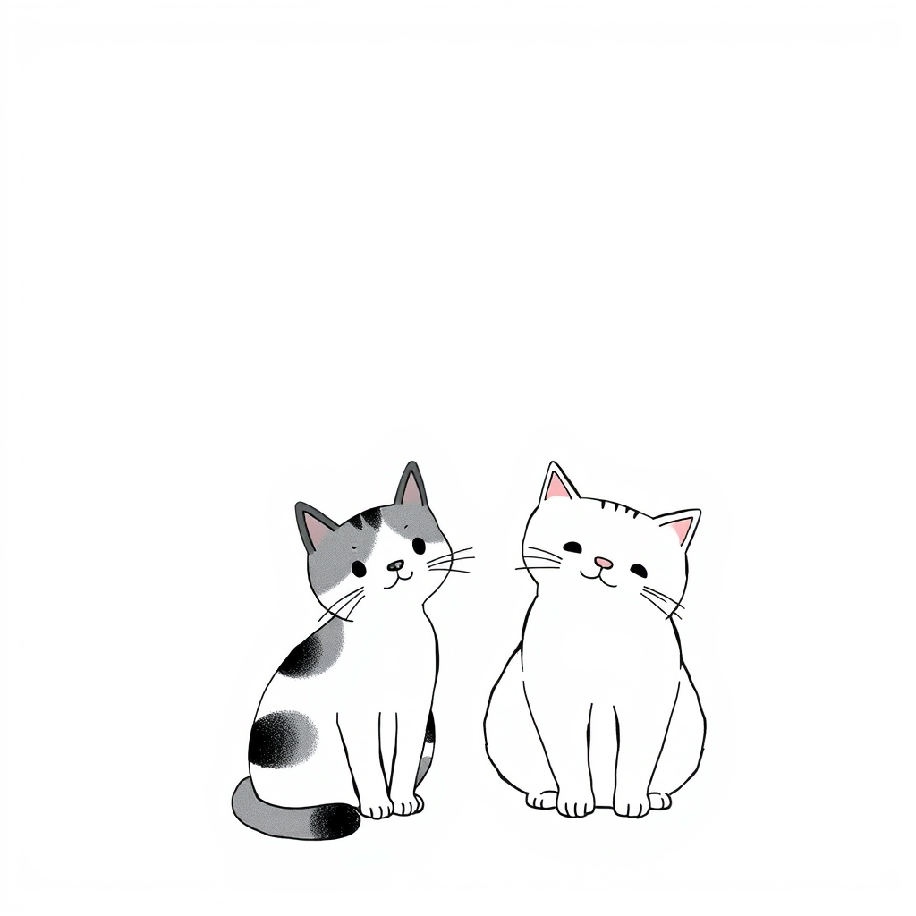 A girl and a cat in black and white, in the style of Japanese minimalism, children's book illustrations, loose linework, rounded shapes, black and white, dignified poses, normcore, a color picture. - Image