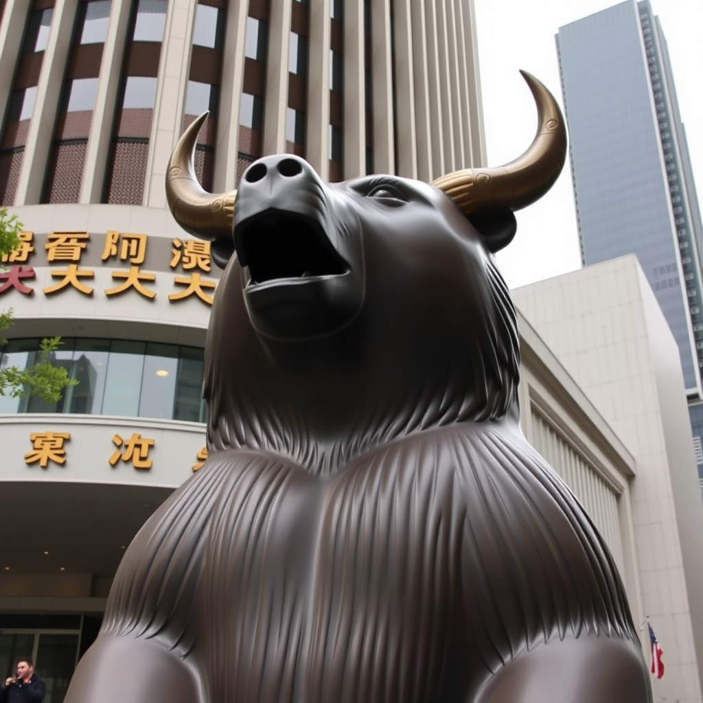 Outside the Shanghai Stock Exchange, there is a bear statue with horns. Long view. - Image