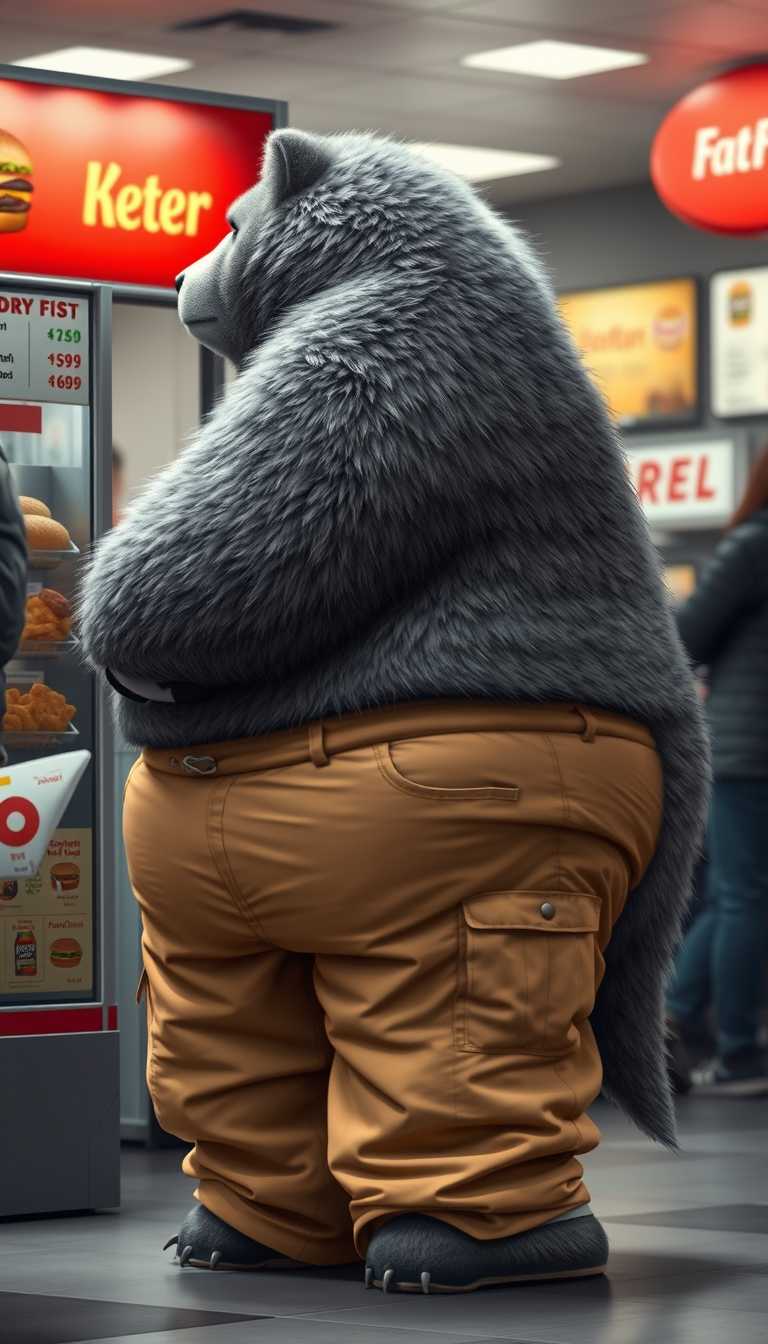 Quarter view, anthropomorphic obese gray bear-wolf hybrid, blended features. Gray and black fur with tan and white fur markings. He has a heavyset body. Wide fat bottom. Fat wide double chins. Tan obese big fat baggy cargo pants. Obese double belly tucked into pants overflowing. Full body. Uncropped. Fluffy fur. Ordering food from a fast food restaurant. Digital art, semi-realistic.