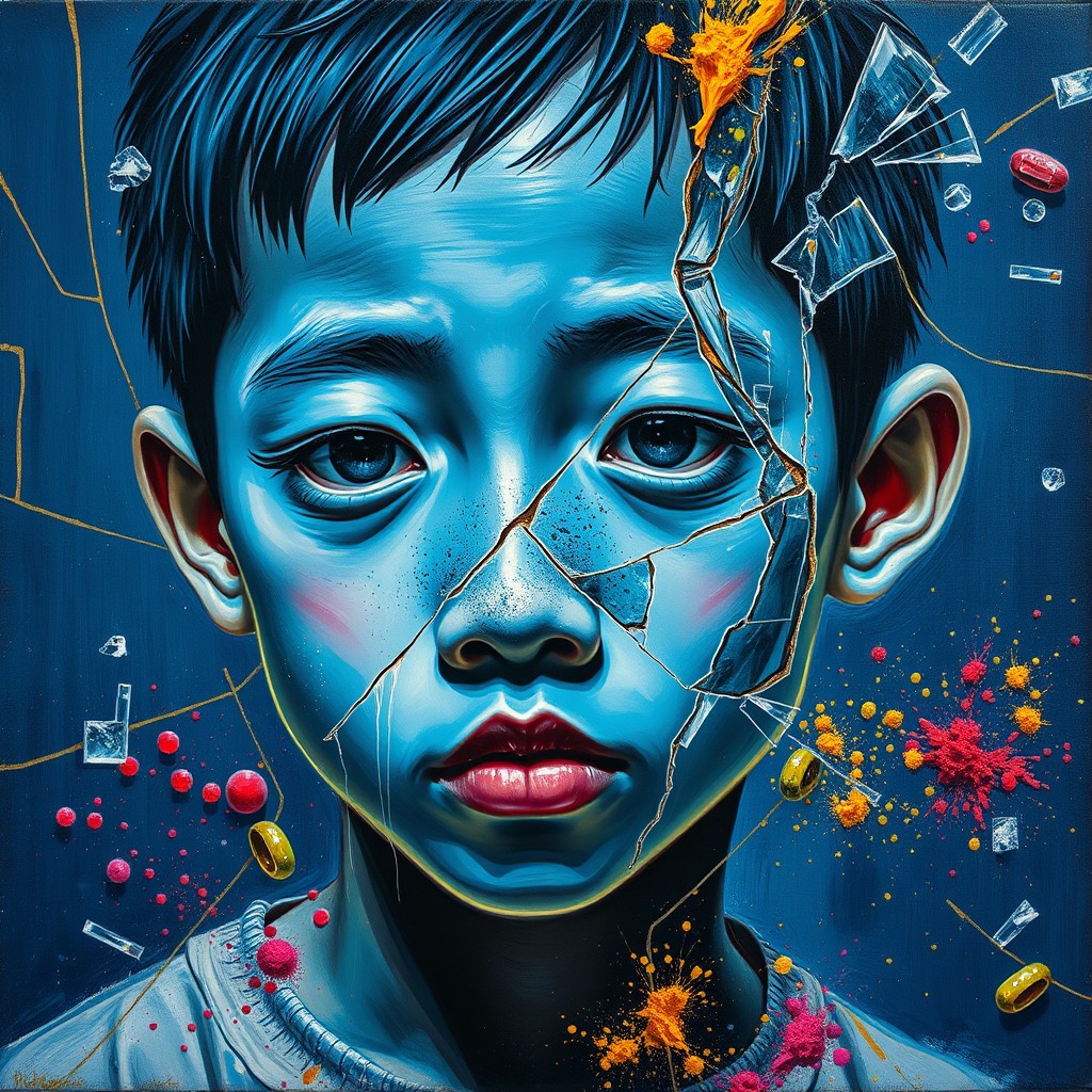 It's a Picasso-style oil painting, close up, a Chinese boy with blue skin and a broken face, surrounded by glass breakage and gold lines on a dark blue background, a colorful explosion of the spillage of powder. - Image