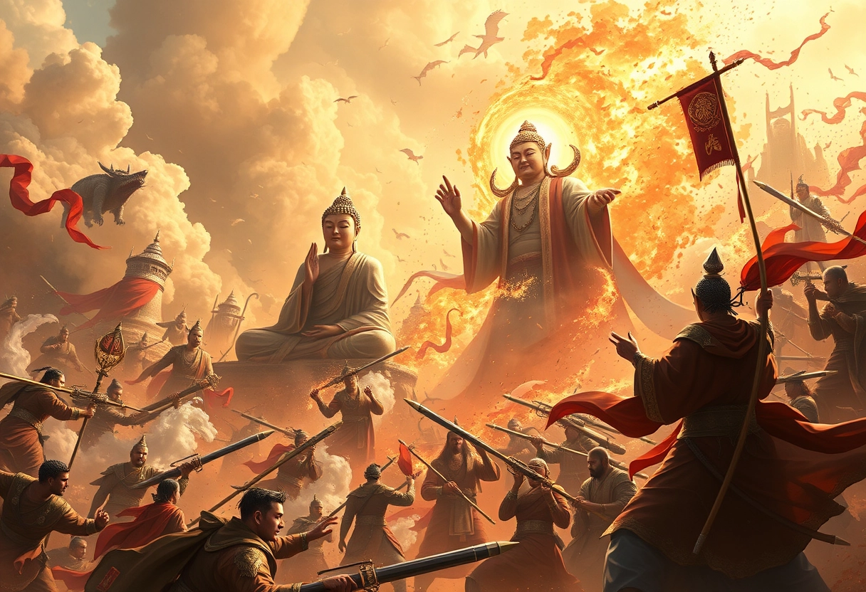 "Thus Come Buddha, Yahweh, Allah, Supreme Old Lord, Pangu Great Chaos Battle, photo-realistic style." - Image