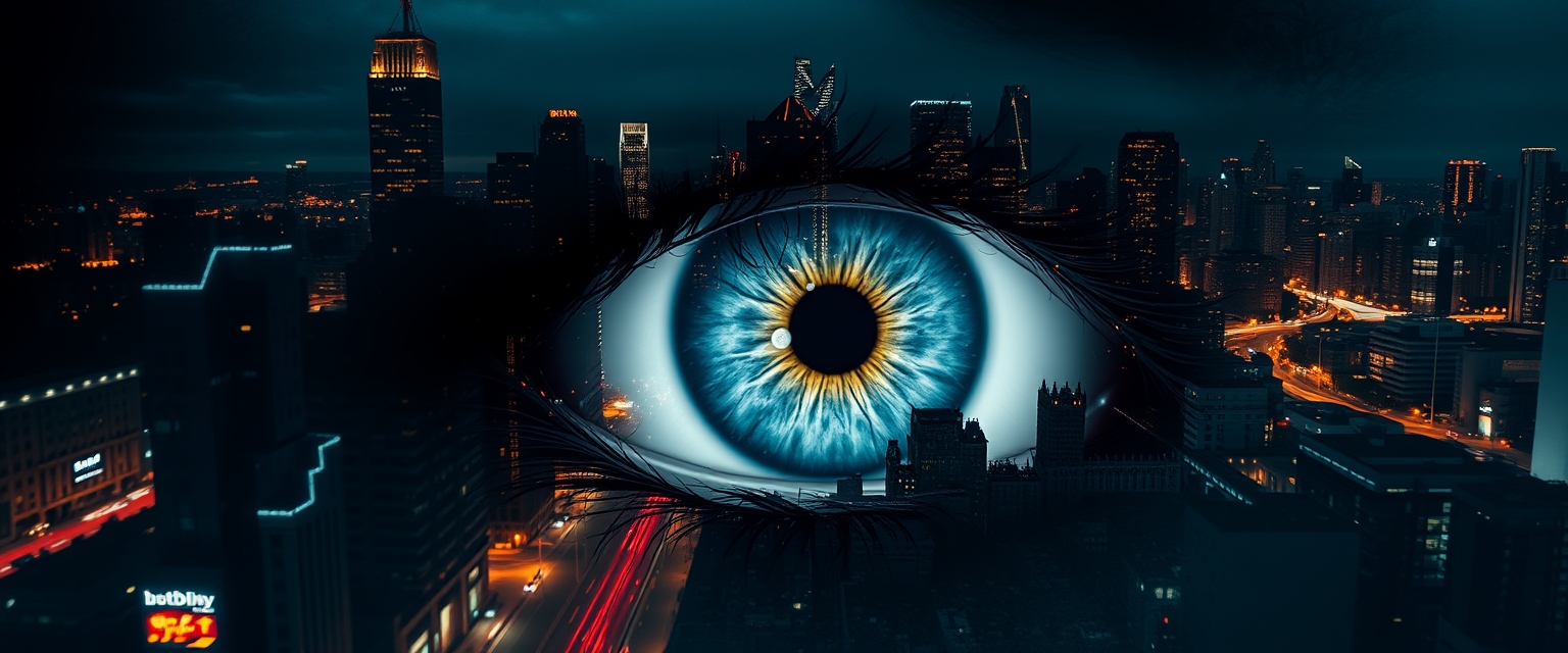 Stunning image of a woman's eye, fused with an abstract, vibrant city silhouette at night, with city lights sparkling on high-rise skyscrapers and bustling streets; iris dilated. The eye is surrounded by a strong white void that creates a striking contrast and adds depth and intensity to the overall picture, hyperrealistic, digital, structured, surreal, gloomy and mysterious. - Image