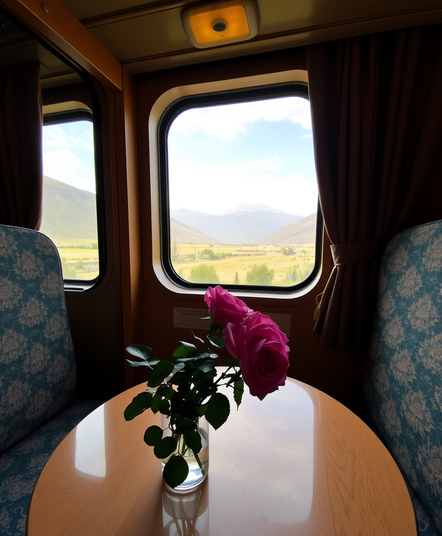 a cozy train compartment, a bouquet of roses sitting on a table, stunning view outside the window