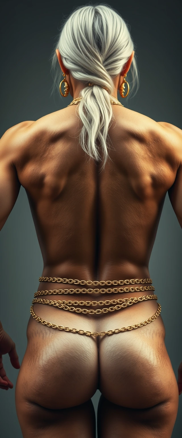 Close-up view of the back of a highly muscular, tall, strictly white-skinned Indian woman wearing gold chains around her waist and neck.