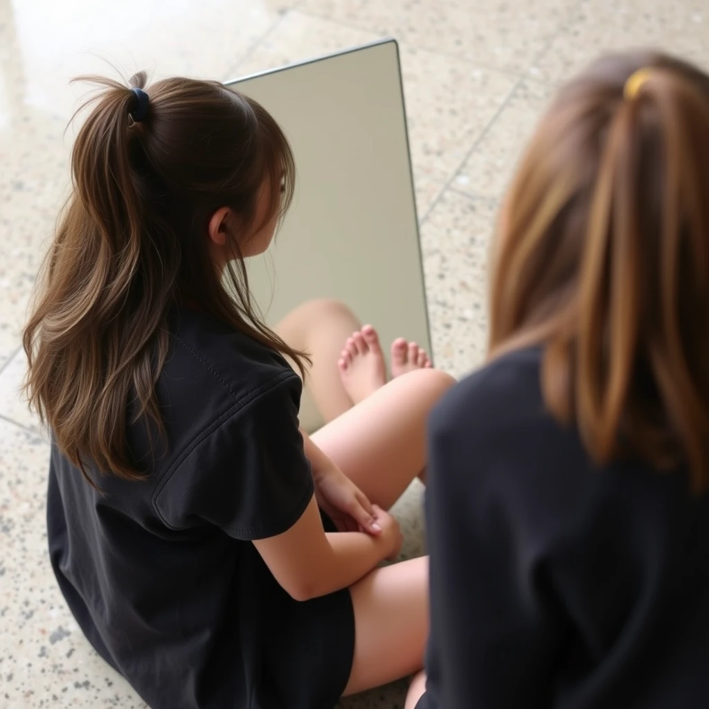 A female student is looking in the mirror; she is sitting on the ground and can see her feet. - Image