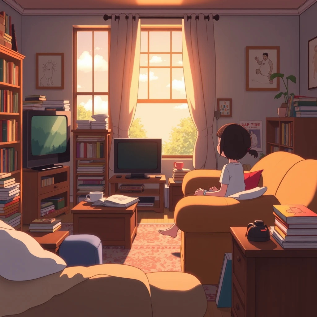 Studio Ghibli's artistic style, high definition, a little girl sitting on a sofa in a room, looking out the window, with a television, a lot of furniture, and many books. - Image