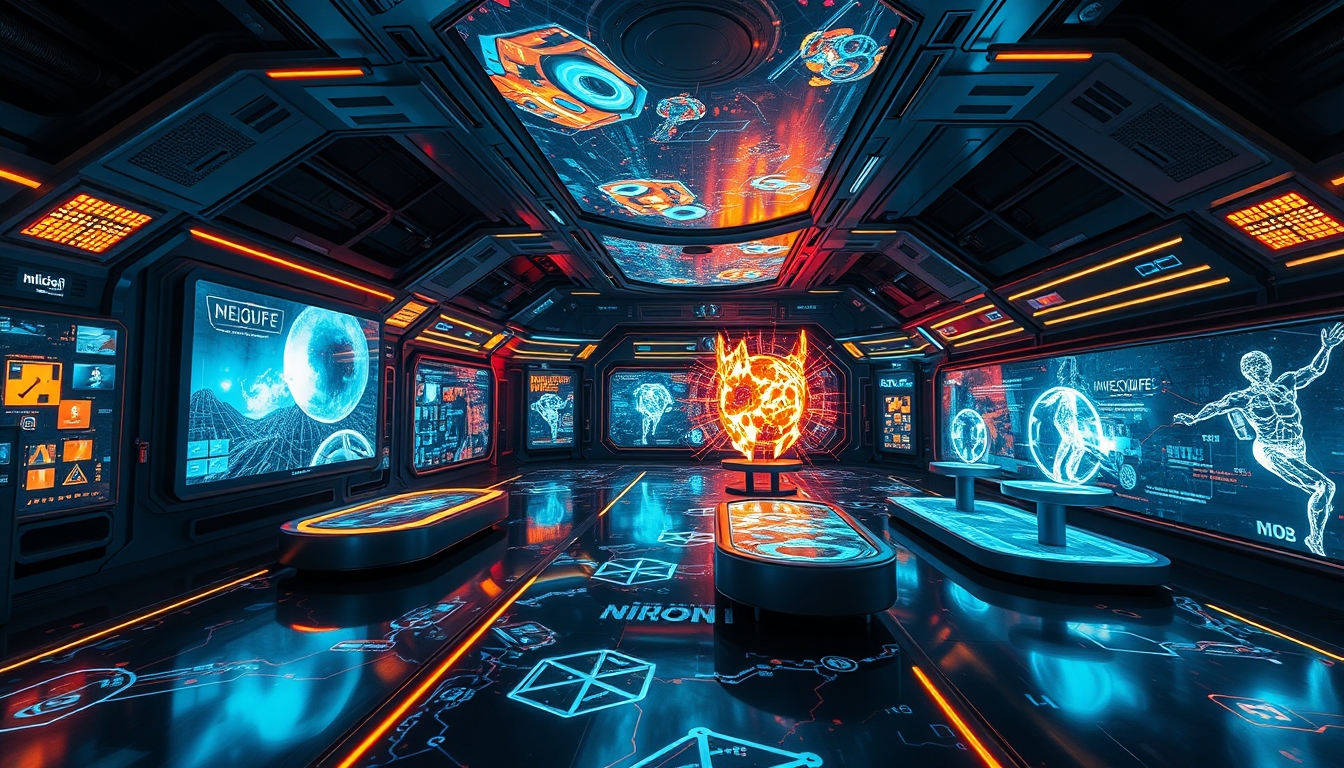 A futuristic room filled with interactive digital art, with holographic displays and immersive light installations.