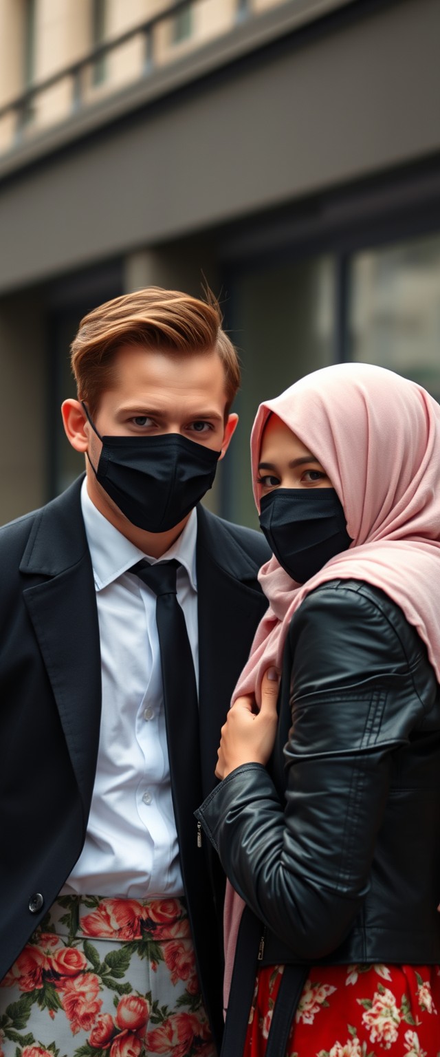 Jamie Dornan's head and body shot, handsome, young, black face mask, half-button white shirt, tie, black coat suit, dating love with the biggest soft pink hijab girl, beautiful eyes, black leather jacket, black face mask, biggest floral skirt, hyper-realistic, street photography. - Image