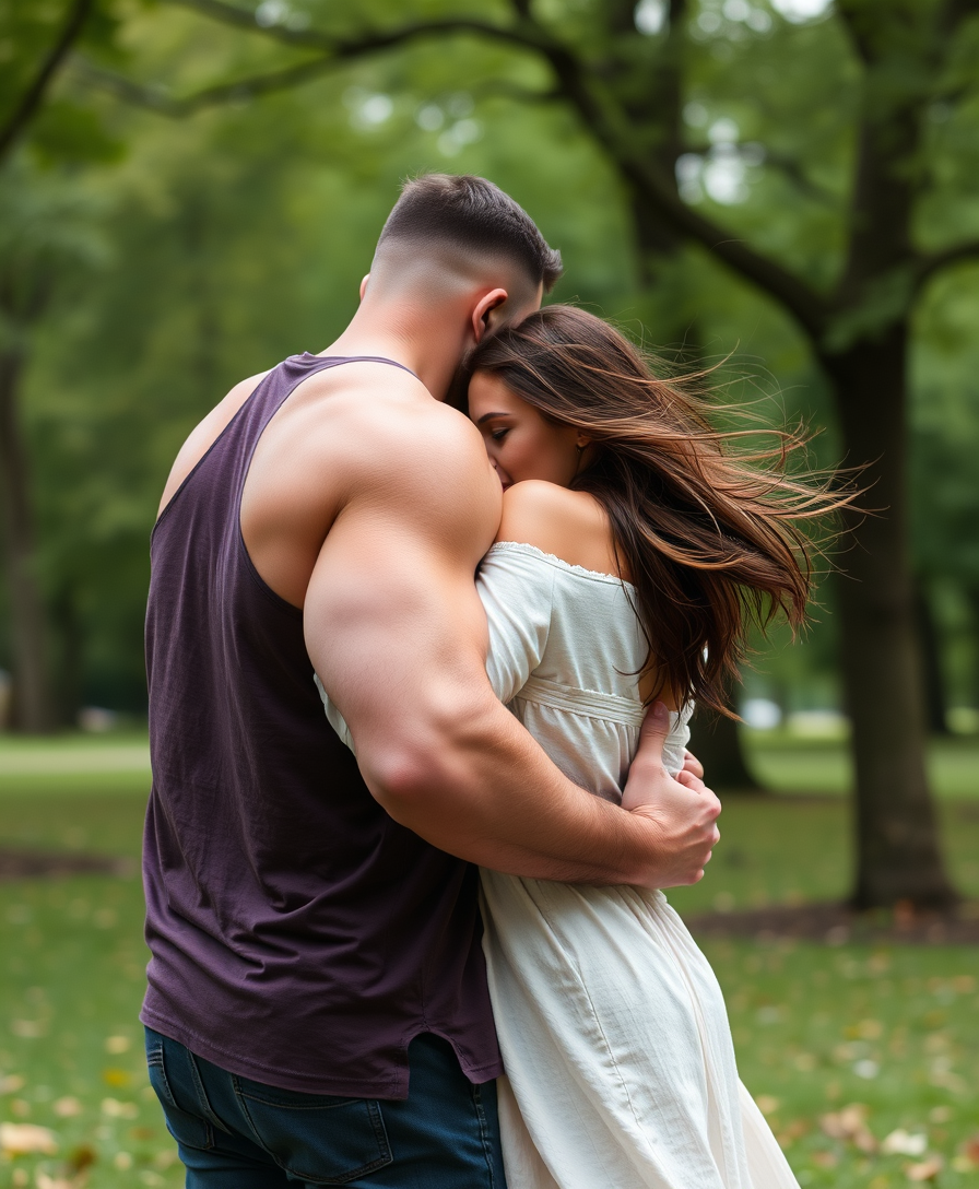 A big muscular angry man hugs a very beautiful scared brunette in the park. Rear view. Dynamics. Expression. Fast movements. - Image