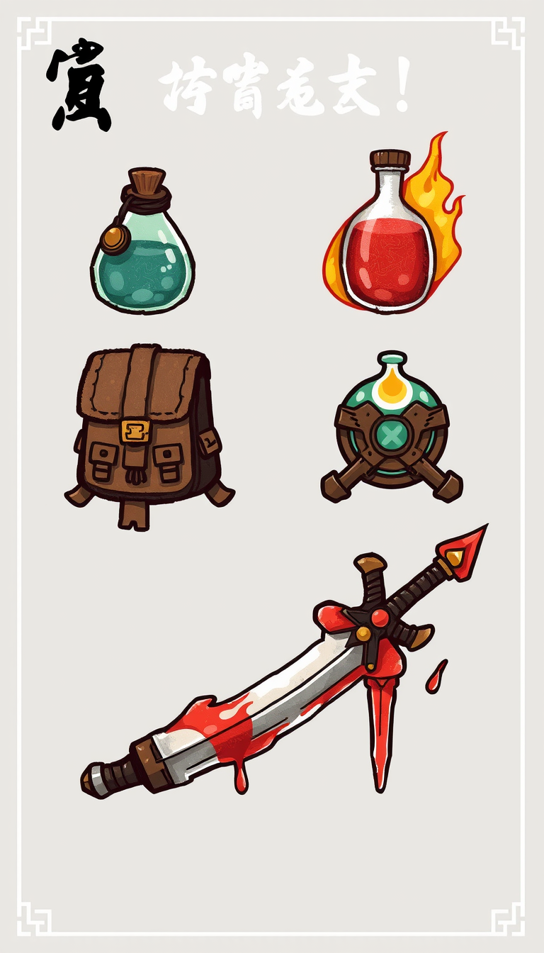 Design a set of game feature icons that blend Chinese ancient style with realism, ensuring the icons are clear and detailed in 8K resolution. Use a colorful ink wash painting style with detailed coloring, hand-drawn bold outlines, and a cute graphic novel aesthetic. Include icons for ancient backpack, potion bottle, elixir, and a bloodied sword. - Image