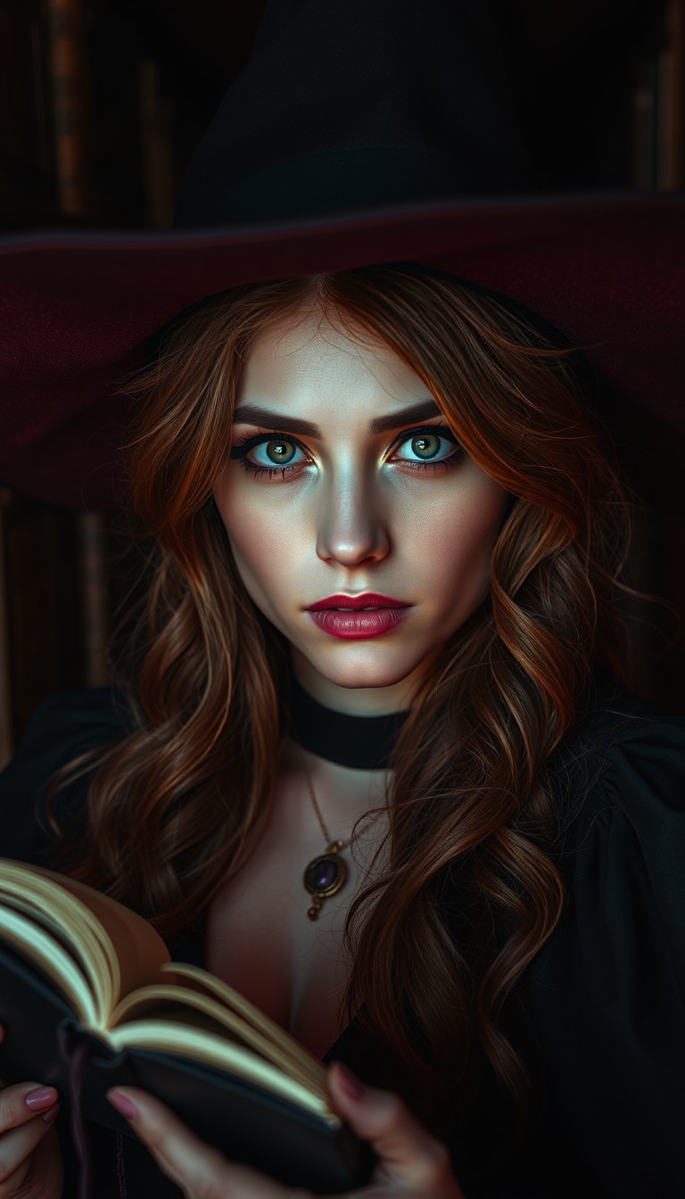 Closeup photo of a beautiful witch in a dark library - Image