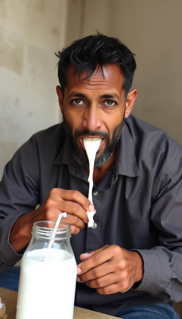 According to the picture: https://r2.fluxaiimagegenerator.com/images/336096fd-3a8d-48ab-a033-0ae1d3965f8e.jpg, make the man eat milk. - Image