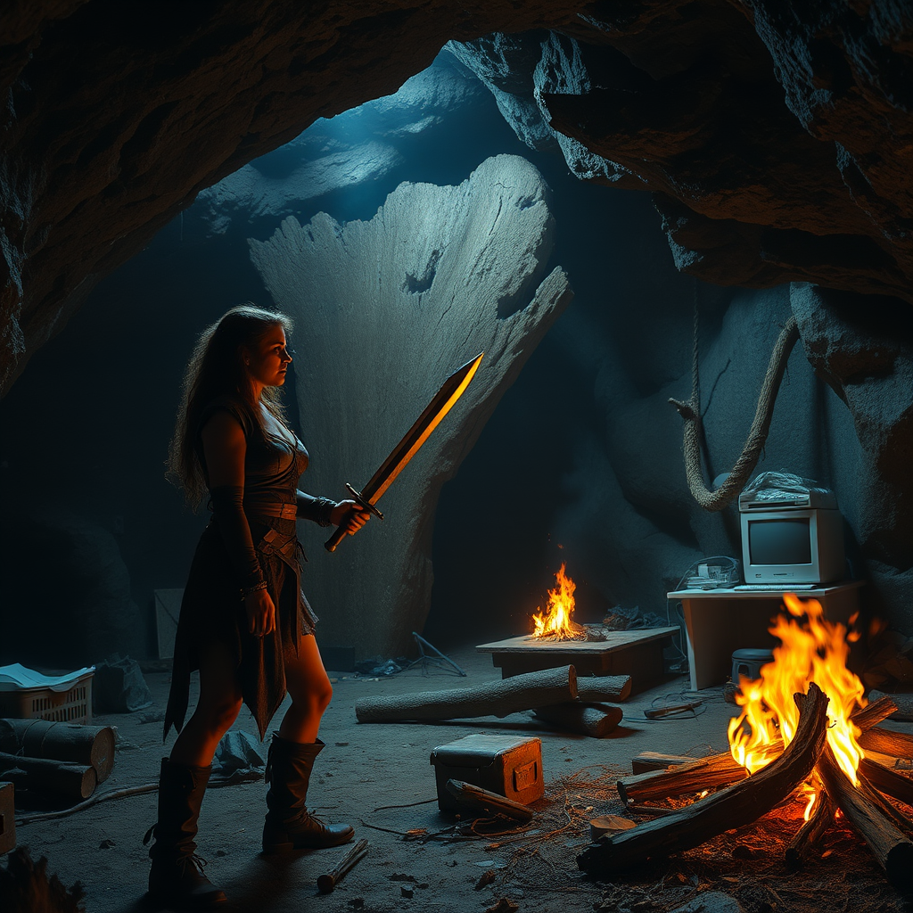 Real-life photography: At night, in the cave, there is a female barbarian using a sword to examine a huge piece of wood. The cave is very large, with a bonfire, a 90s desktop computer, and some messy household items. - Image