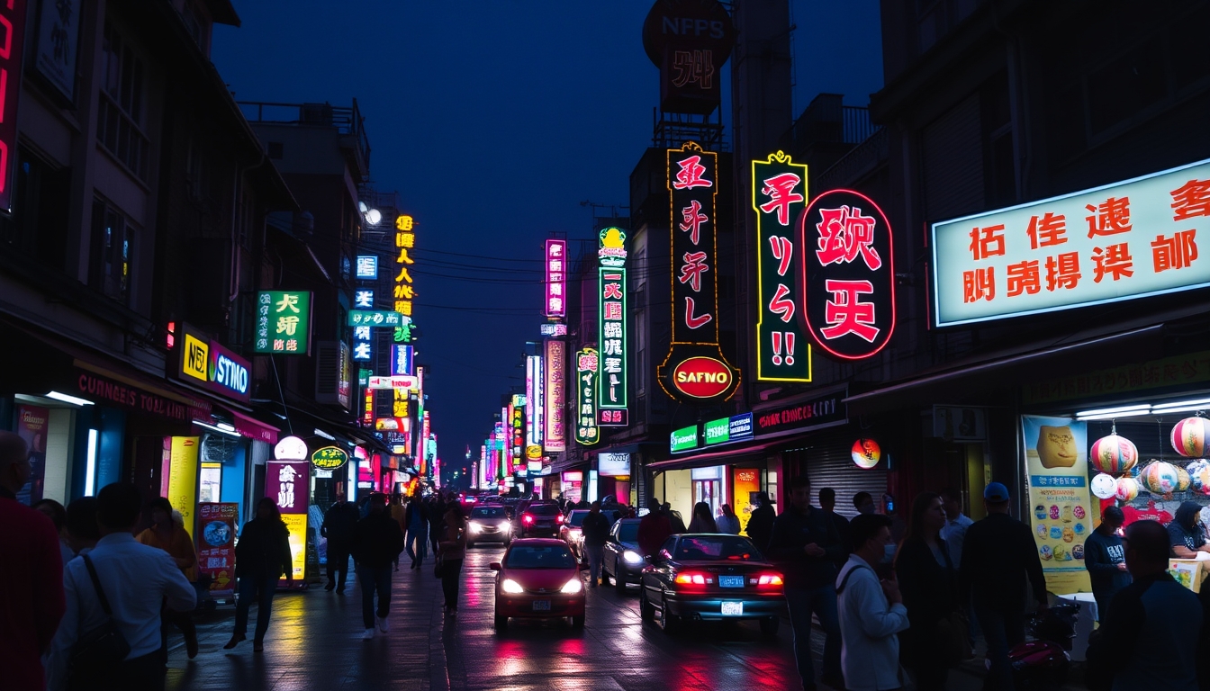 A vibrant street scene at night, with neon signs, bustling crowds, and the glow of city lights reflecting on wet pavement. - Image