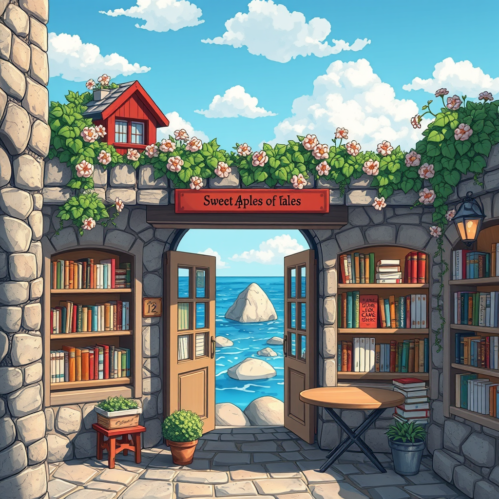 A bookstore beside the sea, with stone streets, flowers on the roof, books on the shelves, doors open, cartoon style, blue sky, white clouds, you can see stones in the sea far away. Camera shot on Sony AR7. Cartoon semi-real style. 
Sweet
Classic Tales Bookstore
OUR APPLES
OF LAIN
CONT
TAWICI
FREE COMIC
FURT CASTI
believe Ollen
MVIGO Thiha NAR Henhe
JEEN
Err CHHC
RESMA 45X1602079
POAT
TWE
Tilhor
SPENC
TAPSIINT
Adi
EN BURAY
M
Resfiel
Colle
Steicne Slex
BUNRO
PANYN
ON
NG B
VLINIZ