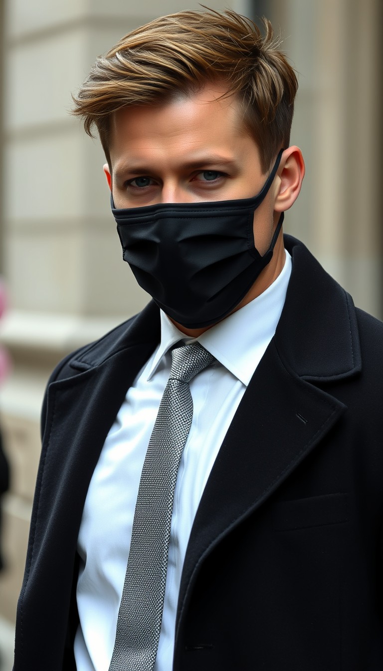 Jamie Dornan's head and body shot, handsome, young, face mask black, white shirt half button, grey pattern tie, black coat suit, dating love with the biggest soft pink hijab girl, beautiful eyes, black leather jacket, face mask black, biggest floral skirt, hyper realistic, street photography. - Image