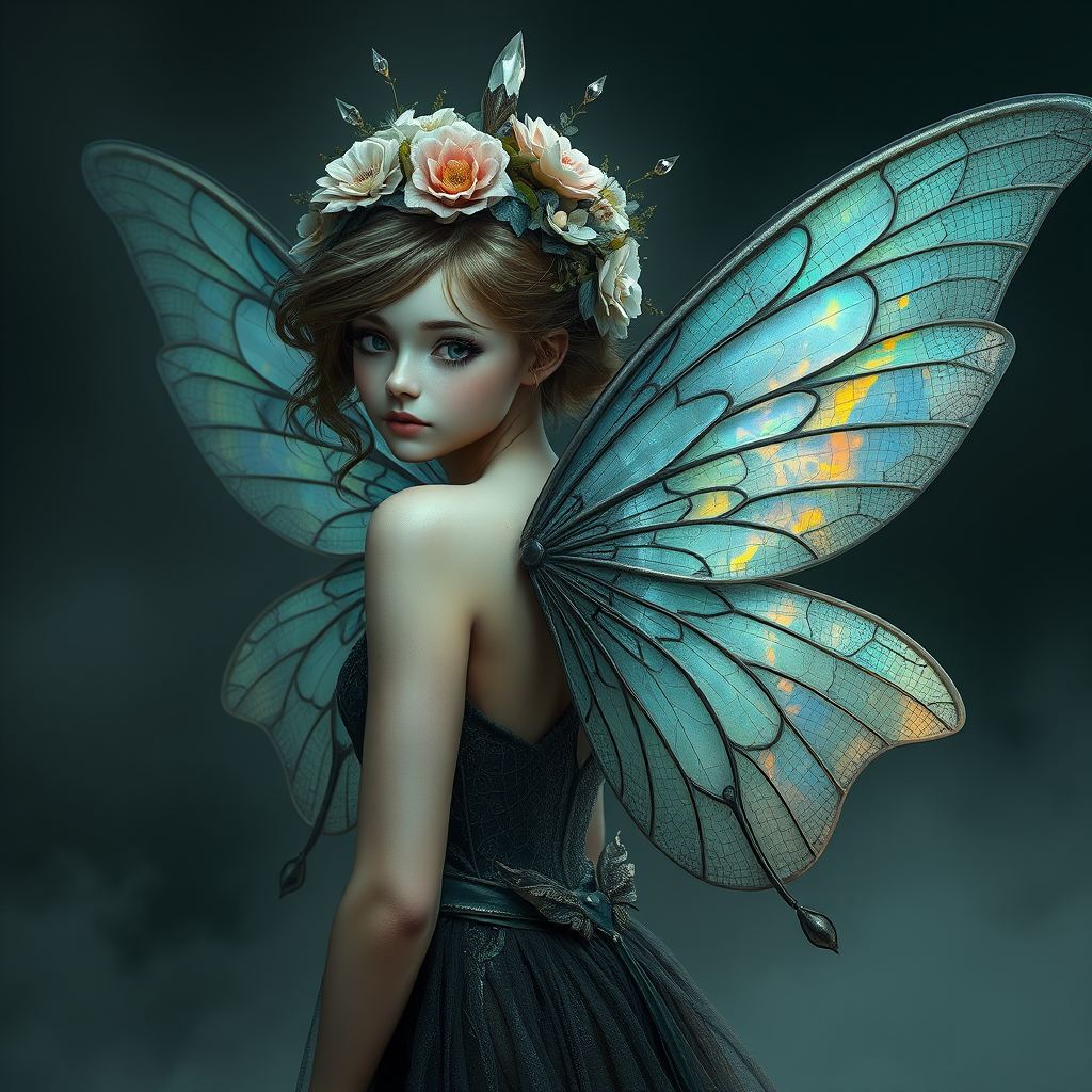 Photorealism of a fairy with large, detailed wings with a net-like structure and an iridescent sheen, giving them an almost holographic appearance. Her hair is styled with flowers and crystal embellishments which add to her ethereal beauty. The dark, foggy background gives the feeling of a mysterious or enchanted realm, enhancing the fairy's otherworldly presence. The overall atmosphere is one of dark fantasy and delicate beauty.